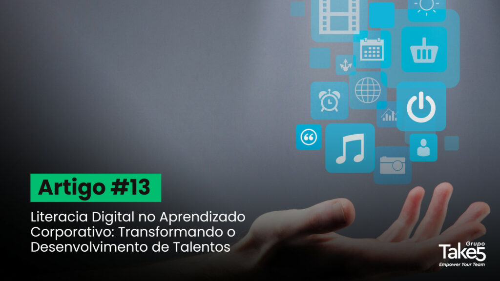 Mão aberta em primeiro plano sustentando ícones digitais flutuantes, como calendário, música, globo, energia e aplicativos, representando a literacia digital aplicada ao aprendizado corporativo e ao desenvolvimento de talentos nas organizações.