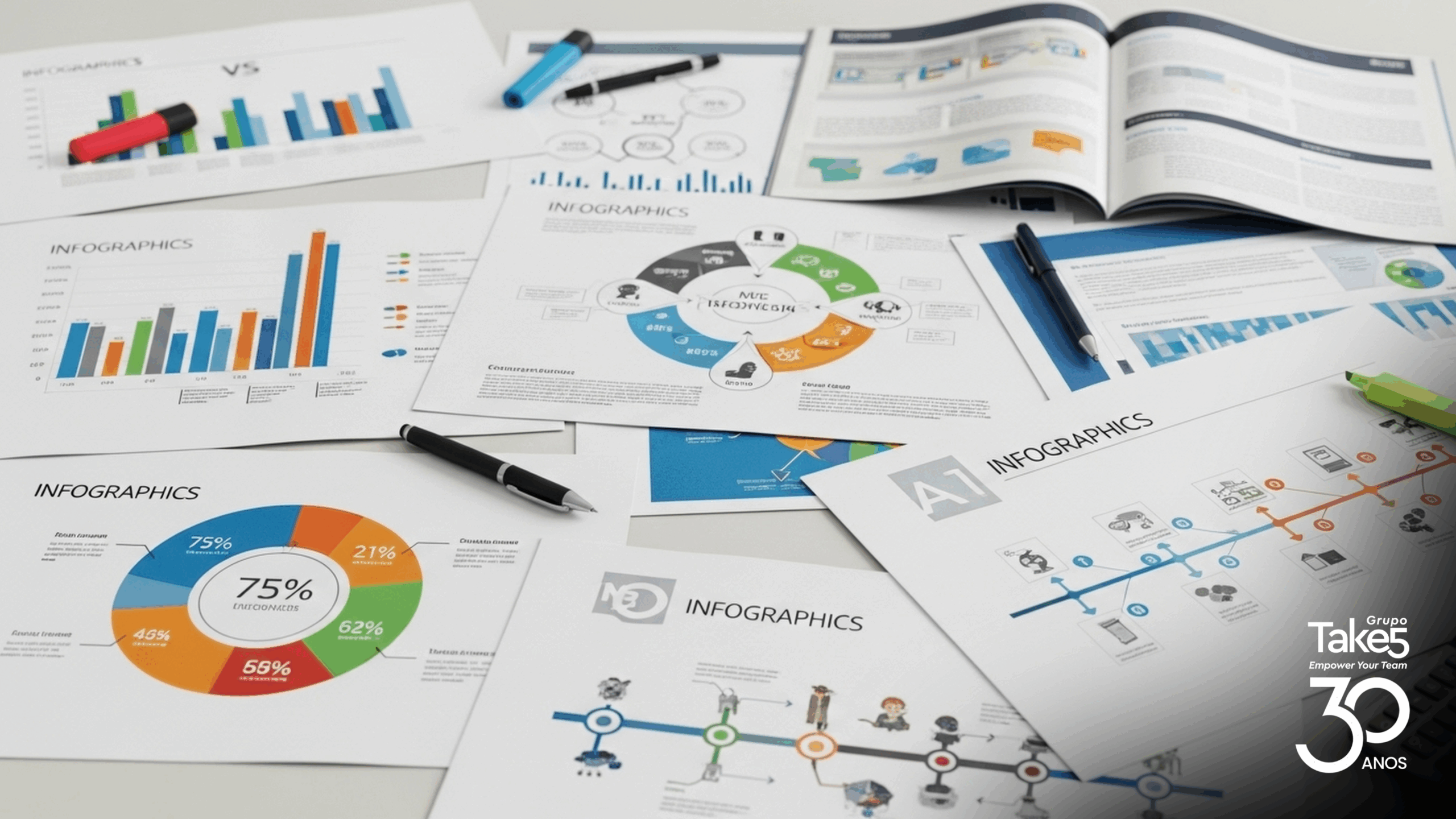 Conjunto de infográficos, gráficos e relatórios impressos sobre análise de dados e desempenho, representando visualização de informações e inteligência aplicada à educação corporativa do Grupo Take 5.