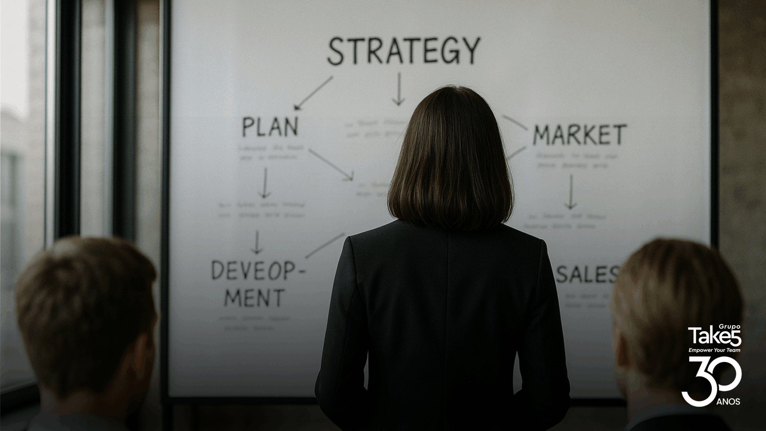 Profissional de costas analisando um quadro com palavras “Strategy”, “Plan”, “Market”, “Sales” e “Development”, representando planejamento estratégico empresarial.