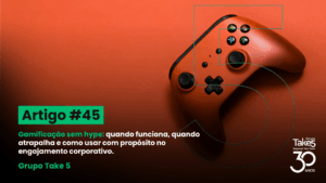 Controle de videogame em fundo vermelho representando gamificação aplicada ao engajamento corporativo.