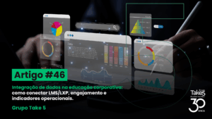 Interfaces digitais com dashboards e gráficos representando integração de dados na educação corporativa.