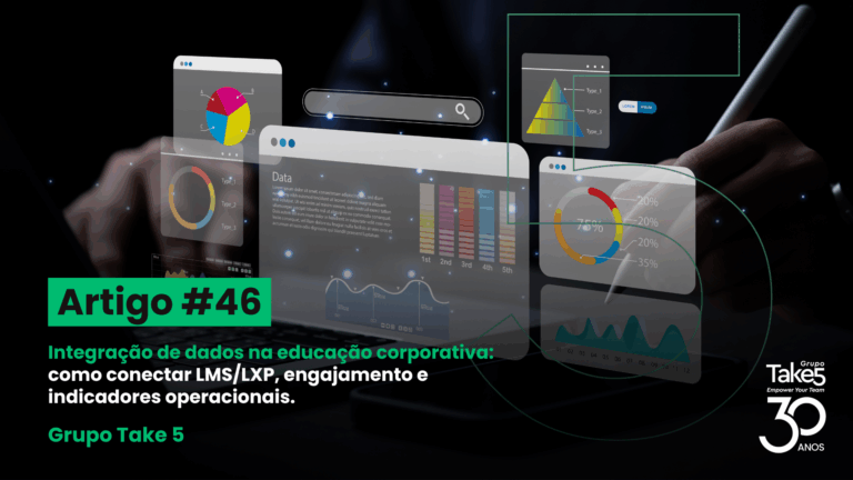 Interfaces digitais com dashboards e gráficos representando integração de dados na educação corporativa.
