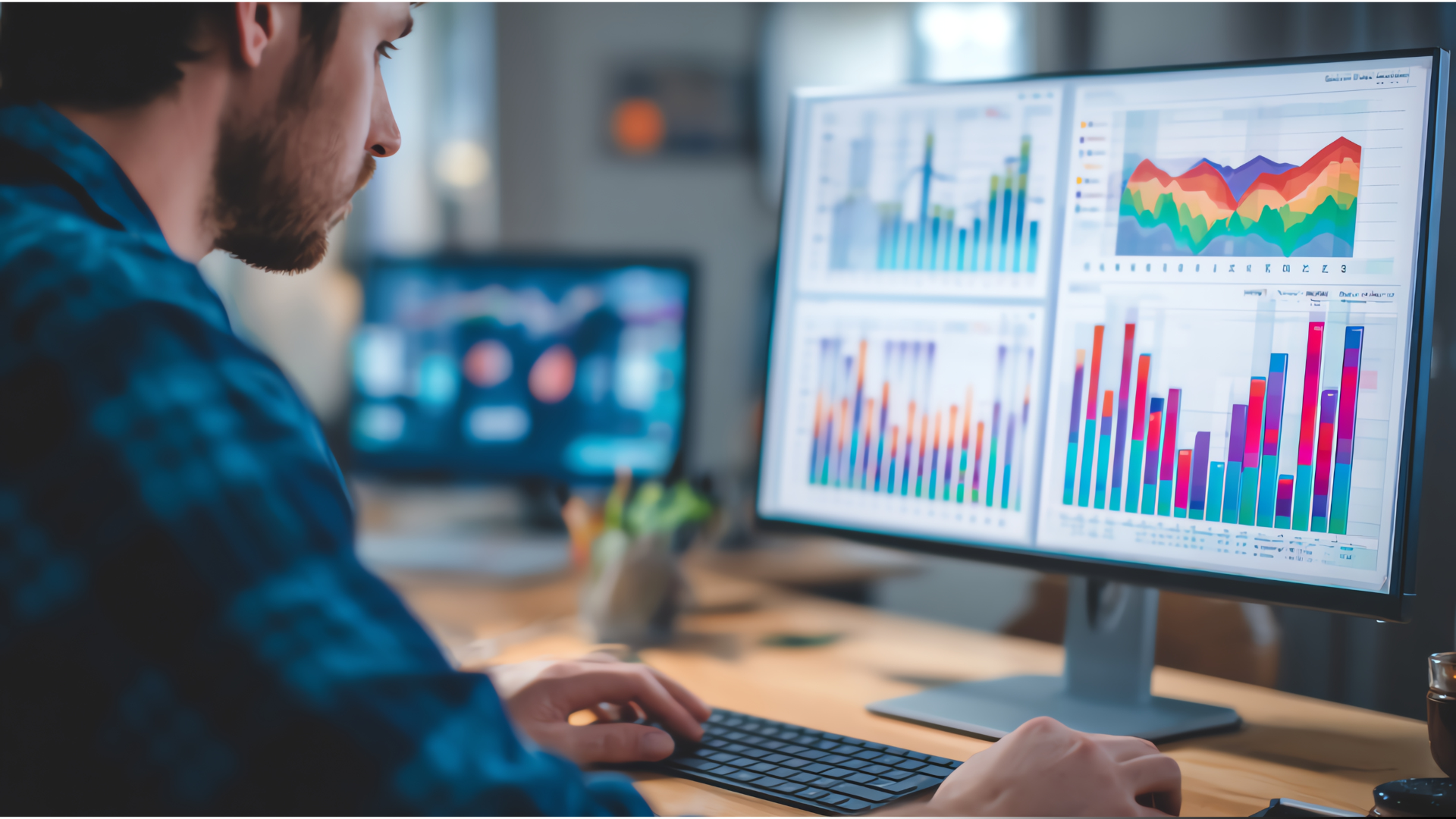 Profissional analisando dashboards com gráficos de desempenho em painel analítico.