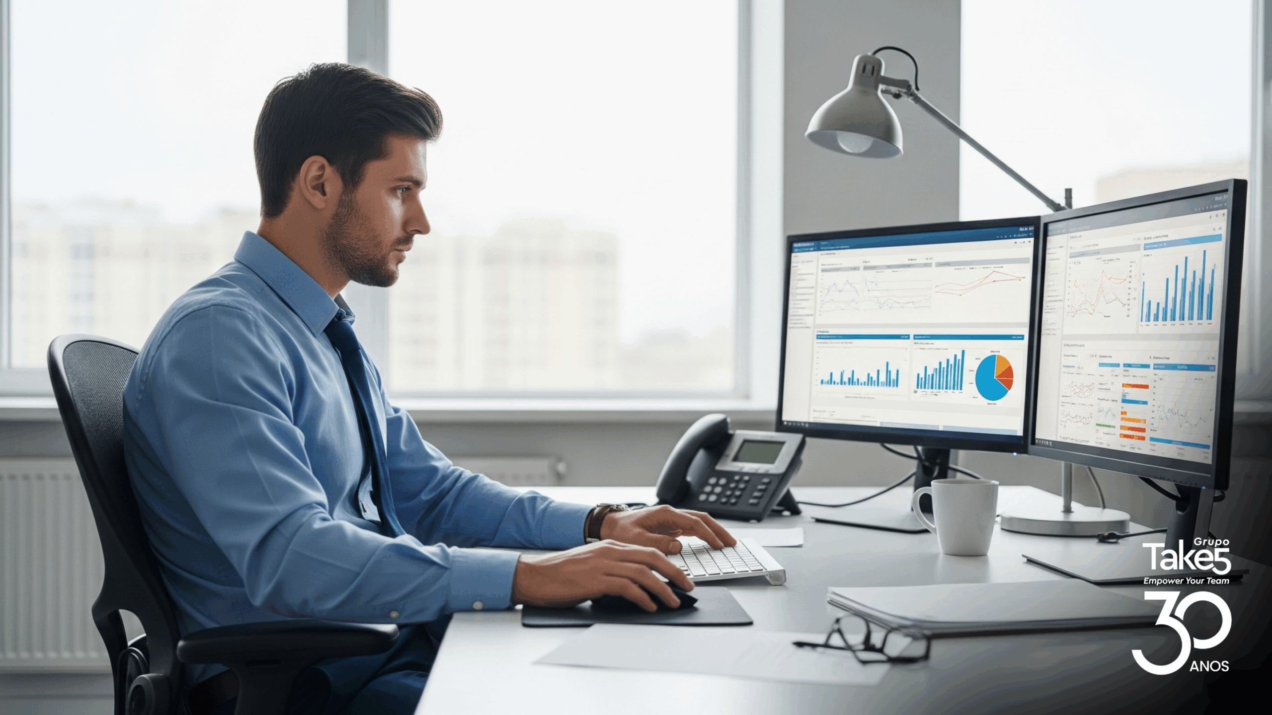 Profissional trabalhando com dashboards e indicadores de desempenho em ambiente corporativo.