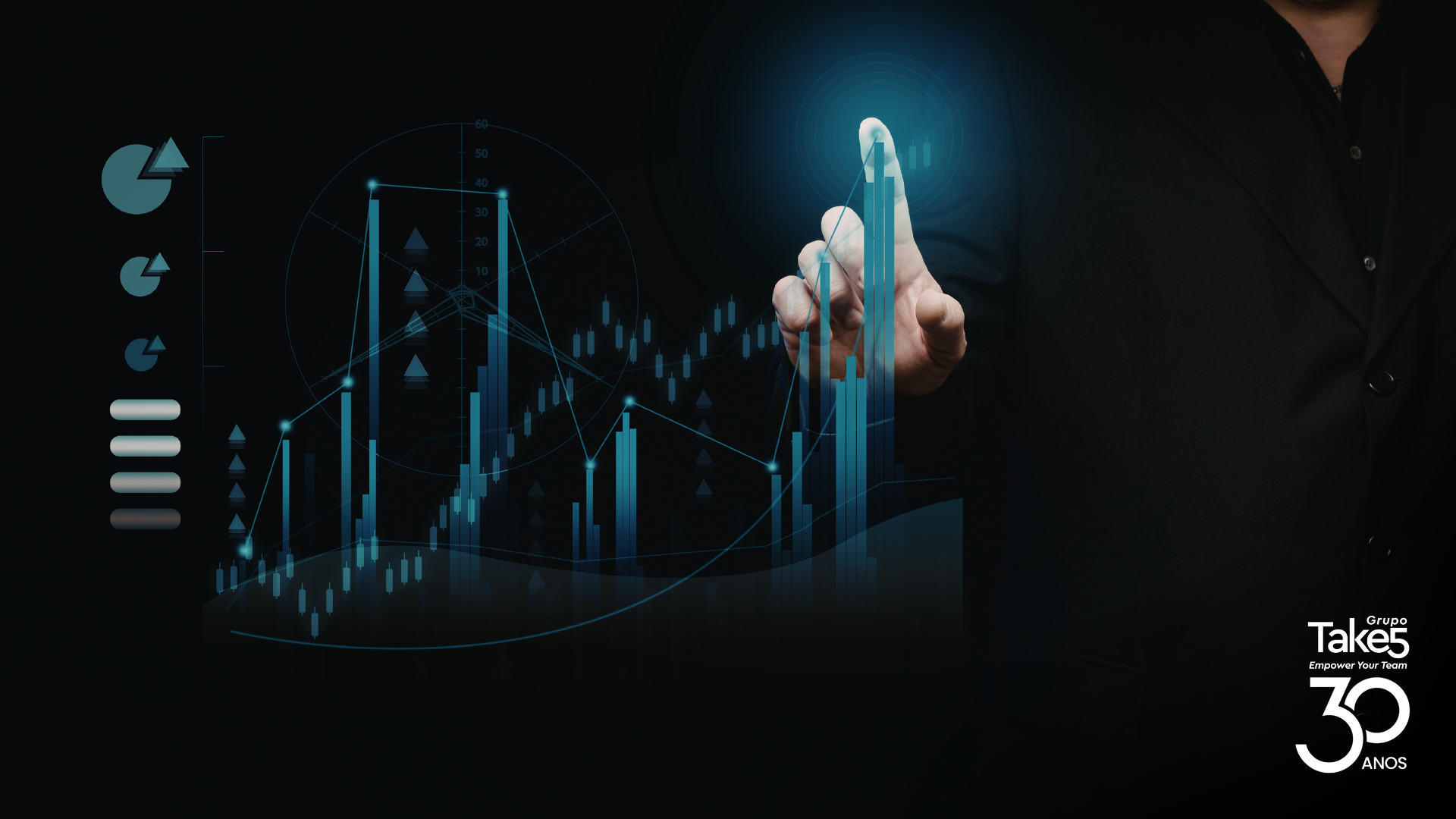 Interação com gráfico digital representando análise de indicadores e performance corporativa.