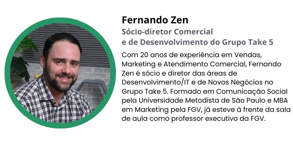 Retrato corporativo de homem sorrindo, usando camisa xadrez, em ambiente interno profissional. Ao lado, texto institucional apresenta Fernando Zen como sócio-diretor Comercial e de Desenvolvimento do Grupo Take